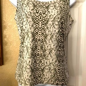 Chico’s shell-Travelers , cream with dark olive pattern, subtle sparkle.